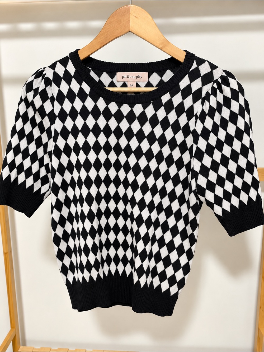 Philosophy Black and White Diamond-Print Short Sleeve Knit Top